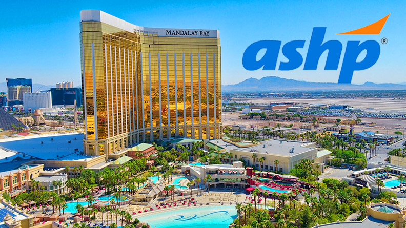 Exterior of Mandalay Bay in Vegas with ASHP overlaid in the upper right corner
