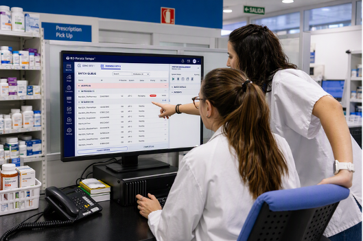 two pharmacy employees looking at a computer screen reviewing Tempo™ in action.